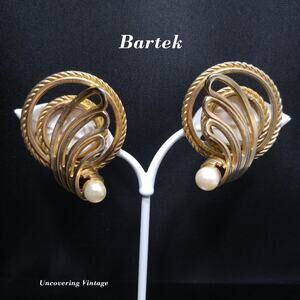Vintage Faux Pearl Clip Earrings, Gold Plated, Bartek Mid-Century Designer
